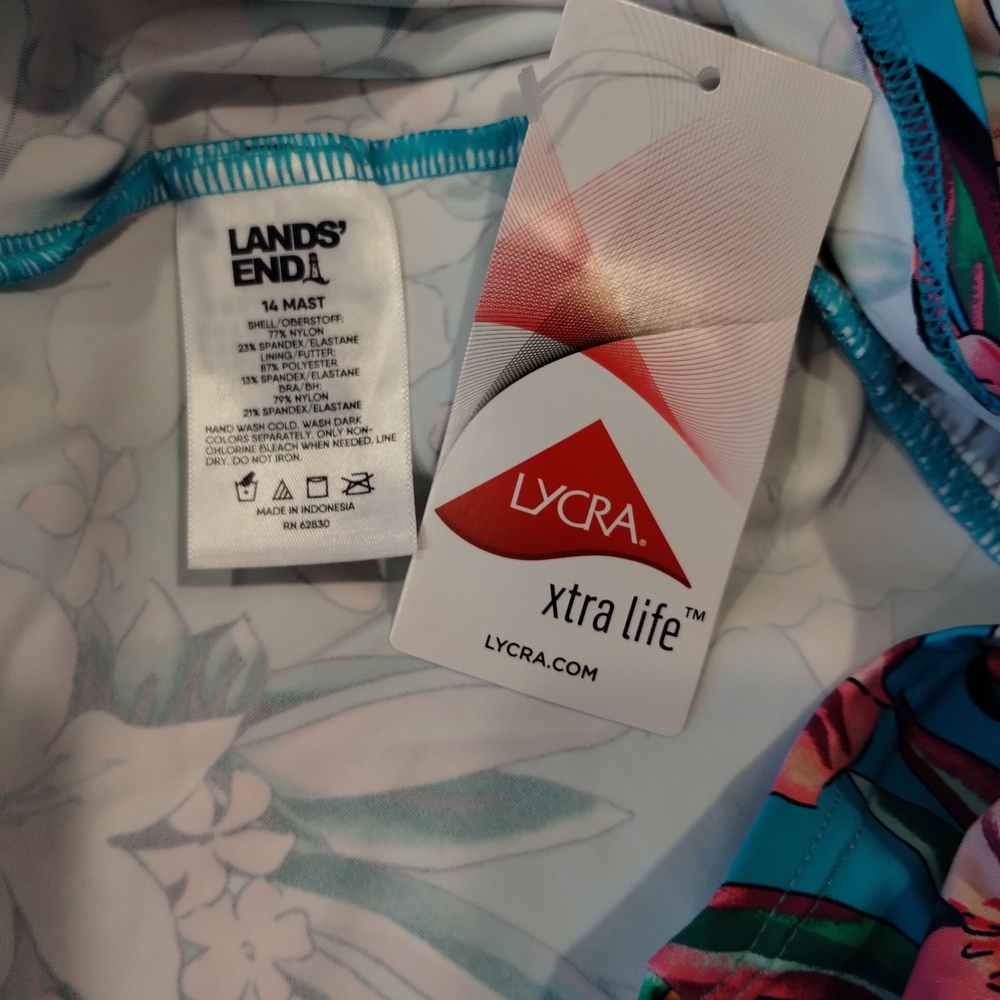 Lands' End Mastectomy Tankini Swim Top Size 14 Turquoise Lily Palm NWT - Picture 10 of 13